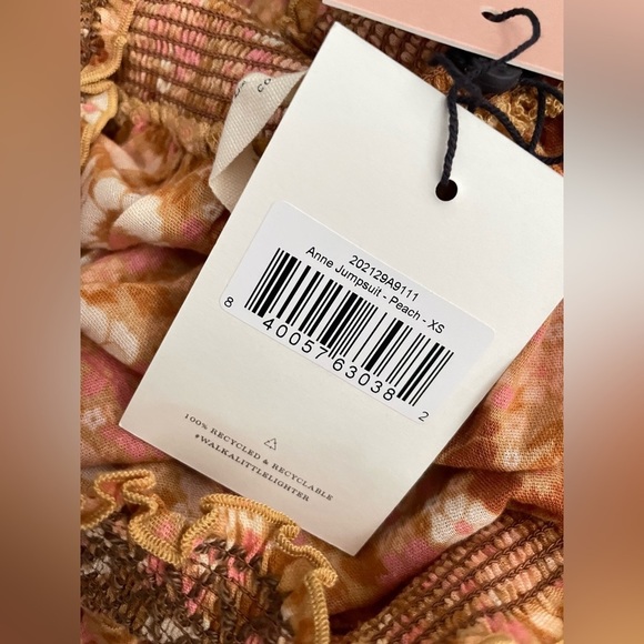 Spell Anne Smocked wide leg jumpsuit XS Peach antique floral off shoulder cotton - Picture 2 of 14